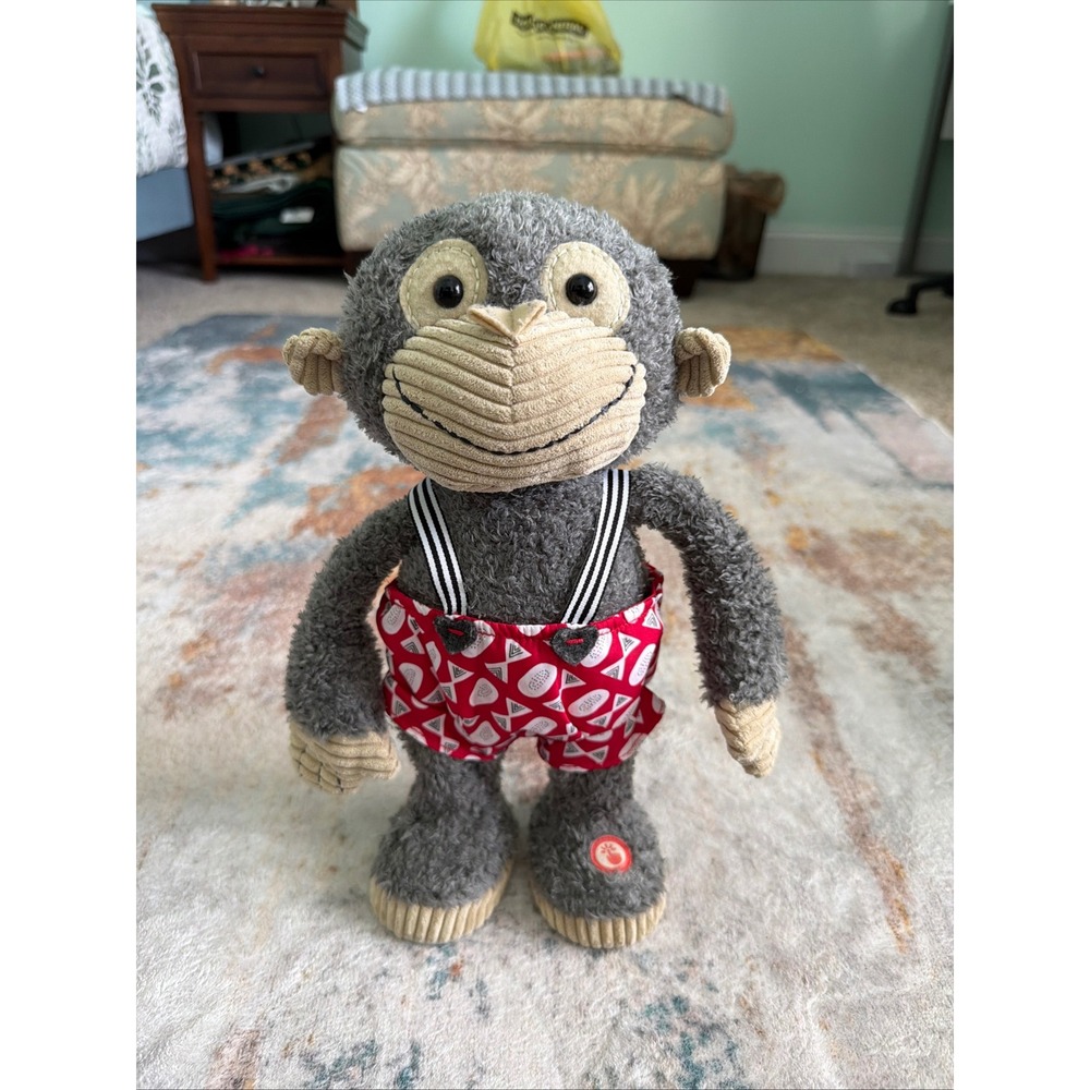 Hallmark Grey Plush Monkey Red Shorts Striped Suspenders Interactive Toy 11"